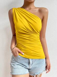 Nevyona Women's Casual Solid Color Ruched One Shoulder Top, Summer - Yellow - View 4