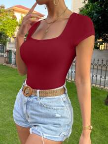 SHEIN Essnce Women's Round Neck Short Sleeve Solid Color Casual Fitted Elegant T-Shirt - Rose Red - View 6