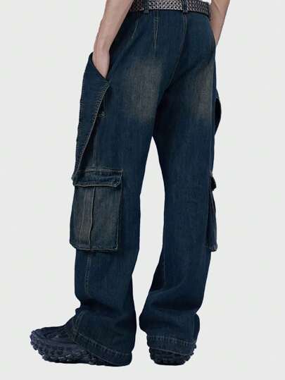 Pantalones vaqueros de carga de servicio utilitario lavados informales para hombres, escolar