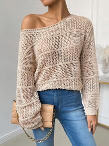 SHEIN LUNE 2024 Autumn Mixed Off-Shoulder Hollow Knitted Sweater - Brown - View 3