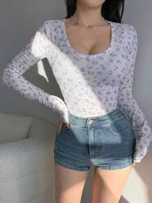 DAZY Women's Spring And Summer Floral Printed Round Neck Long Sleeve Slim Fit T-Shirt - Baby Pink - View 4