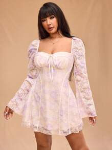 Forever 21 大码女式蕾丝花卉印花浪漫约会夜喇叭袖连衣裙 - 彩色 - 查看 7