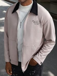 Manfinity Homme Chaqueta con cuello de contraste y gráfico de eslogan para hombres - Rosa - Ver 4