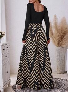 SHEIN LUNE Bộ áo liền quần màu đen, áo liền quần dài tay nữ màu trơn, phối họa tiết hình học, phong cách boho, thường ngày. - Nhiều màu - Xem 7