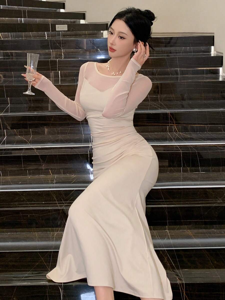 DAZY Váy dạ hội có miếng vá xếp nếp và viền đuôi cá dành cho nữ, váy dạ hội sinh nhật - Màu be - Xem 1