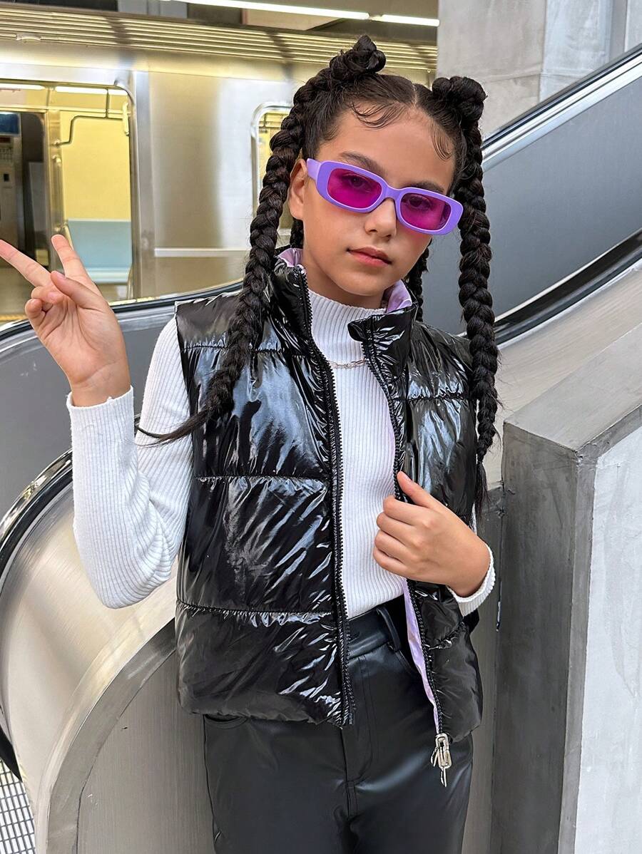 SHEIN Tween Girls Reversible Laser Cut Padded Vest - Multicolor - View 1