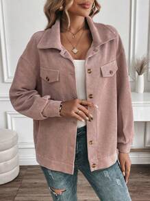 SHEIN LUNE Plain Front Button Up Casual Long Sleeve Jacket - Pink - View 5