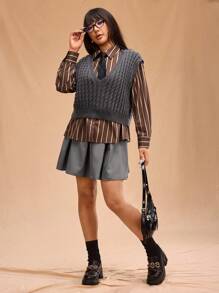 Forever 21 大码女式秋冬 V 领宽松休闲针织麻花毛衣背心 - 深灰色 - 查看 4