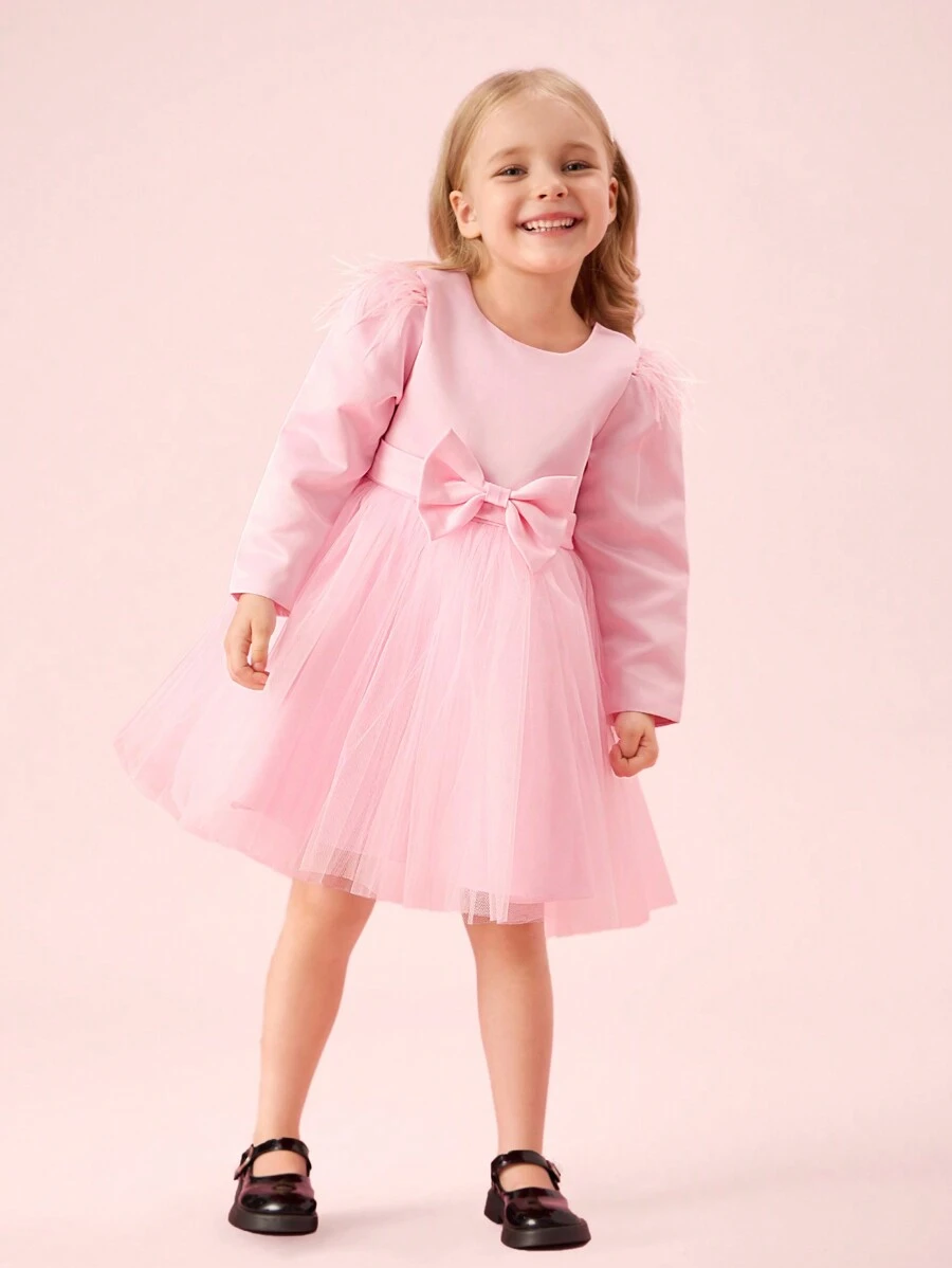 SHEIN Glamorique Kids 女童优雅长袖大蝴蝶结泡泡裙派对礼服，适合生日、节日、婚礼花童 - 粉色 - 查看 1
