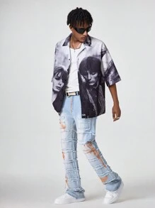 Manfinity EMRG Pantalones vaqueros de campana desgastados de color azul claro desteñido para hombre
