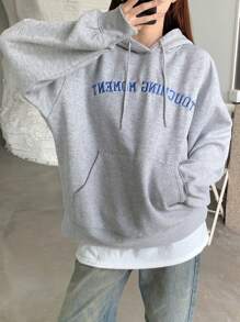 Dazy X KIMYOUJUNG Collection Women's Letter Embroidered Loose Hooded Celebrity Sweatshirt,Fall Clothes Hoodies - Light Grey - View 9