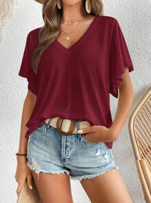 SHEIN LUNE Women's V-Neck Batwing Sleeve Casual Loose Comfortable T-Shirt,Casual - Burgundy - View 4