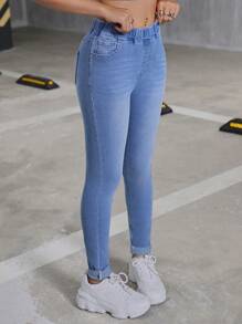 Teen Girl Y2K Elastic Waist Insert Pocket Denim Stretch Pants, Fall Back To School Cute - Light Wash - View 3
