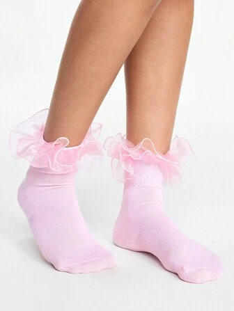 Kawaii 1pair Women's Pink Ruffle Lace Trim Two-Way Wear Mid-Calf Socks, All Seasons