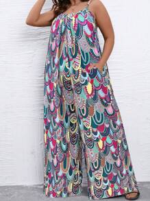 SHEIN Clasi Plus Size Women Color Print Jumpsuit - Dark Green - View 5