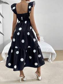 SHEIN Essnce 宽松波点蝴蝶袖中长款细肩带连衣裙，藏青色V领波点细肩带连衣裙，适合夏春两季，女装