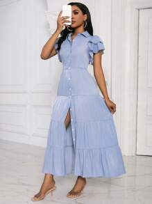 SHEIN Unity 女士休闲纯色荷叶边前排纽扣连衣裙，夏季 - 藍色 - 查看 3