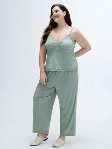 LUVLETTE Bộ đồ ngủ modal co giãn có gân cho nữ Plus kèm áo hai dây Babydoll và quần, đồ ngủ, mùa hè, đồ ngủ, áo hai dây, đồ lót mặc ở nhà - màu xanh lá - Xem 4