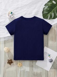 Young Boy Night Glowing Cartoon Space Technology Printing Summer Short Sleeve T-Shirt - Navy Blue - View 3