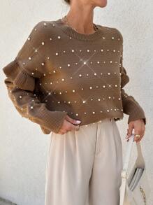 EURMUSE Lässiger Pullover mit Perlen Stickerei und Volant-Ärmeln, Herbst/Frühling - Khaki - Übersicht 1