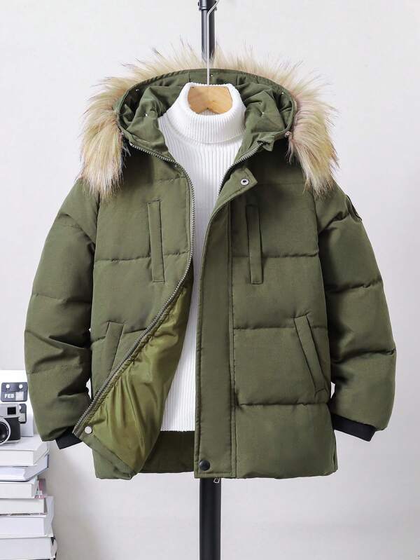 Tween Boy Hooded Padded Coat With Fur Collar, Winter