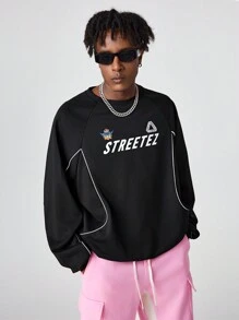 Manfinity VCAY Men's Printed Loose Fit Long Sleeve Knit Pullover Sweatshirt, For Fall Winter - Black - View 1