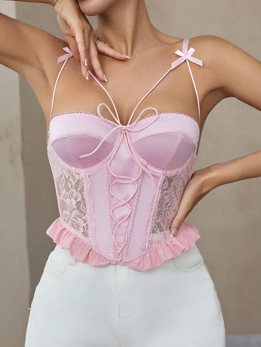 女士细肩带露背蝴蝶结装饰蕾丝荷叶边性感文胸