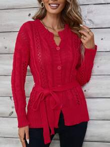 EMERY ROSE Women's V-Neck Button Down Long Sleeve Belted Loose Comfortable Cardigan - Red - View 3