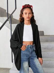 SHEIN Tween 女童休闲纯色落肩针织开衫 - 黑色 - 查看 5