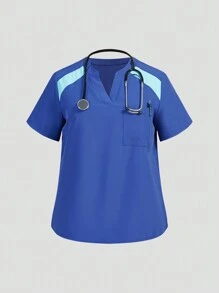 TaskEZ Plus Size Women's Contrast Color V-Neck Short Sleeve Top With Pockets And Pants Uniform, Plus Size Uniforms & Scrubs - Navy Blue - View 6