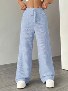 SHEIN Unity 女士宽松系腰阔腿休闲条纹蓝白裤 - 藍白色 - 查看 4
