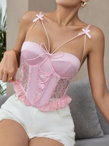 女士细肩带露背蝴蝶结装饰蕾丝荷叶边性感文胸