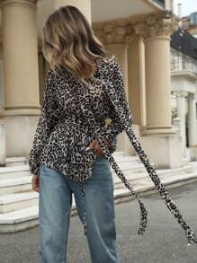 Aveloria Modichic 1pc Random Elegant Leopard Print Tie-Collar Loose Sheer Long Sleeve Blouse Fall Cloth For Women - Multicolor - View 5
