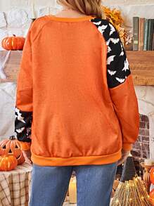 Plus Size Crew Neck Long Sleeve Colorblock Halloween Graphic Loose Pullover Sweatshirt Fall Winter Autumn - Multicolor - View 2
