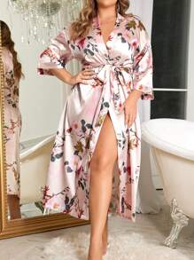 Floral Print Faux Silk Long Robe For Plus Size Women - Champagne - View 3