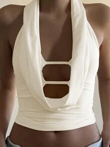 INAWLY 1pc Women's Solid Color Draped Neck Backless Camisole Top, Summer - Apricot - View 3