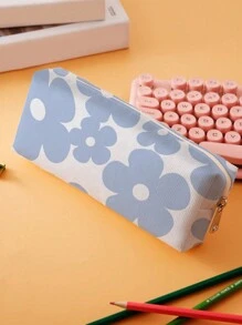 1pc Flower Print Pencil Case - Blue and White - View 1