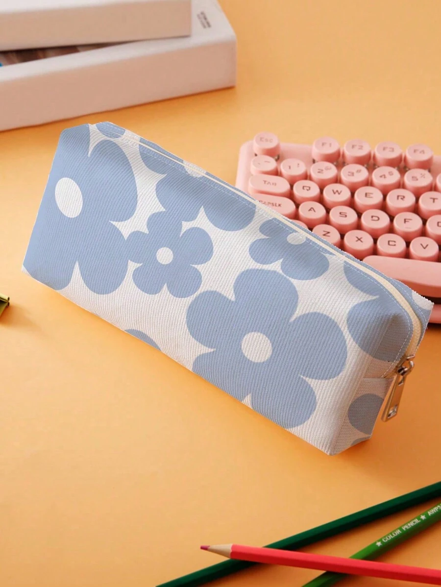 1pc Flower Print Pencil Case - Blue and White - View 1