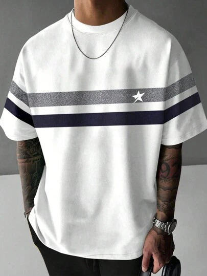 Manfinity Homme Plus Size Men Fashion Round Neck Short Sleeve Color Block Striped Patchwork Top, Casual Wear Tee, For Going Out