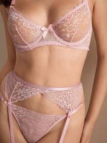 Charlaine Charlaine Women Lace Patchwork Bra And Thong With Garter Belt And Leg Chain Sexy Lingerie Set