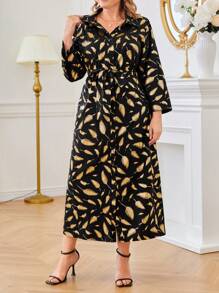 大码春秋休闲树叶印花纽扣衬衫裙