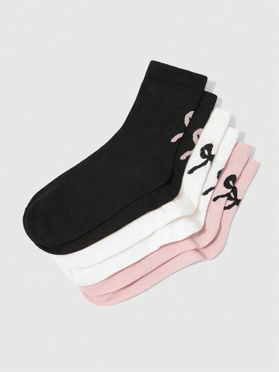 Kawaii 3 pares de calcetines medianos con acento de lazo en negro, blanco y gris