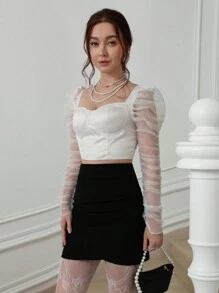 Aveloria Rosie Mesh Panel Ruched Long Sleeve Fitted Cropped Bandeau Shirt Fall Cloth For Women