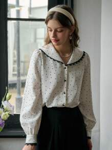 Simple Retro Ladies' Collared Polka Dot Casual Shirt - White - View 7