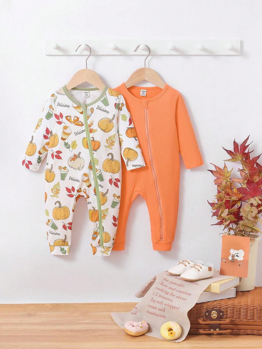 SHEIN 2 piezas Enterizo de bebé niño estilo campestre cómodo y versátil con estampado de calabaza con cremallera, adecuado para Halloween, otoño e invierno, para fiesta de Halloween - Multicolor - Ver 1