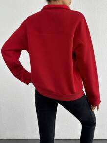 RueChic 100%Cotton Women's Button Up Half Placket Drop Shoulder Sweatshirt - Rose Red - View 2