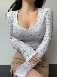 DAZY Áo thun nữ cổ tròn tay dài in họa tiết hoa mùa xuân và mùa hè, quần áo nữ mùa thu, áo thun họa tiết - trắng - Xem 6