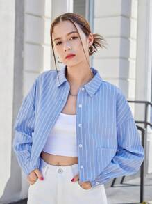 SHEIN 适合学校/校园穿着的少女蓝白条纹编织领长袖衬衫 - 藍白色 - 查看 4