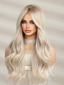 Blonde Medium Part Bangs Wigs Long Curly 26-Inch Daily Simulation Scalp Natural Woman Wigs For An Eid Gift,Cosplay, Party Wedding Hair Wigs And Daily Wear Coachella Music Festival