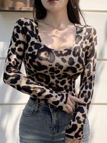 DAZY 女式豹纹修身圆领 T 恤，秋季服装长袖女式上衣